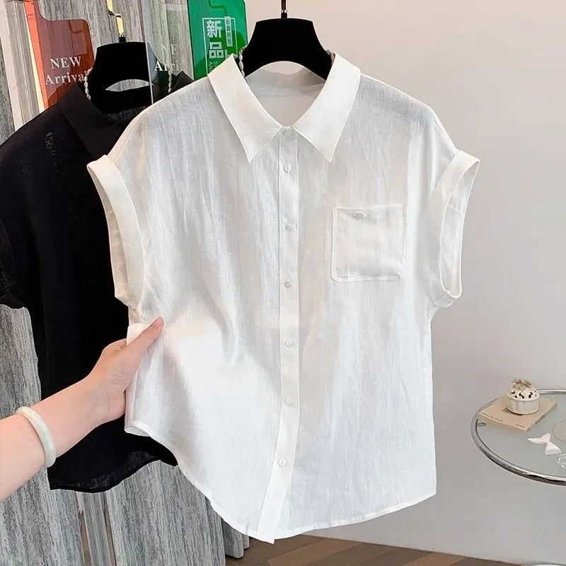 【现货+运费险】短袖翻领衬衫夏季薄棉衬衣白色复古工装风休闲百搭