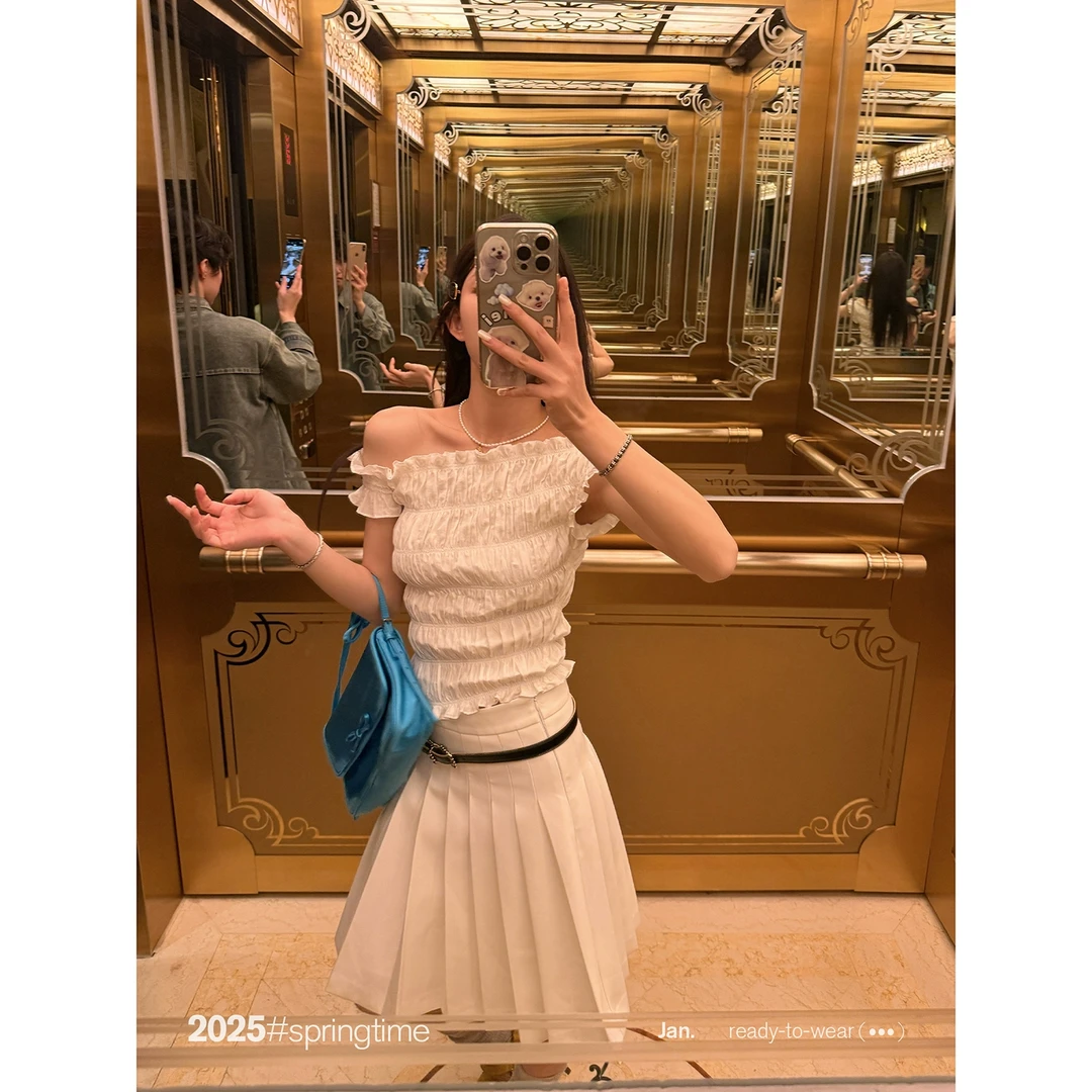 SUNONEONE 斜肩打揽肌理感上衣女春季白色露肩修身短袖T恤H0874C