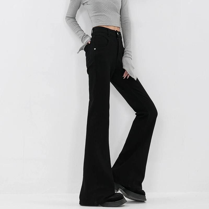 KEN STUDIO2024早春新款美式复古黑色牛仔裤女修身显瘦微喇裤裤子