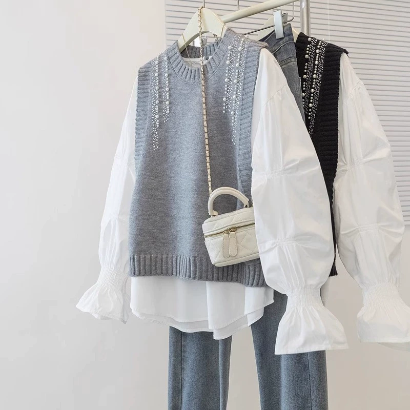 微胖妹妹大码2025春季新款马甲套装女显瘦镶钻针织背心衬衫两件套