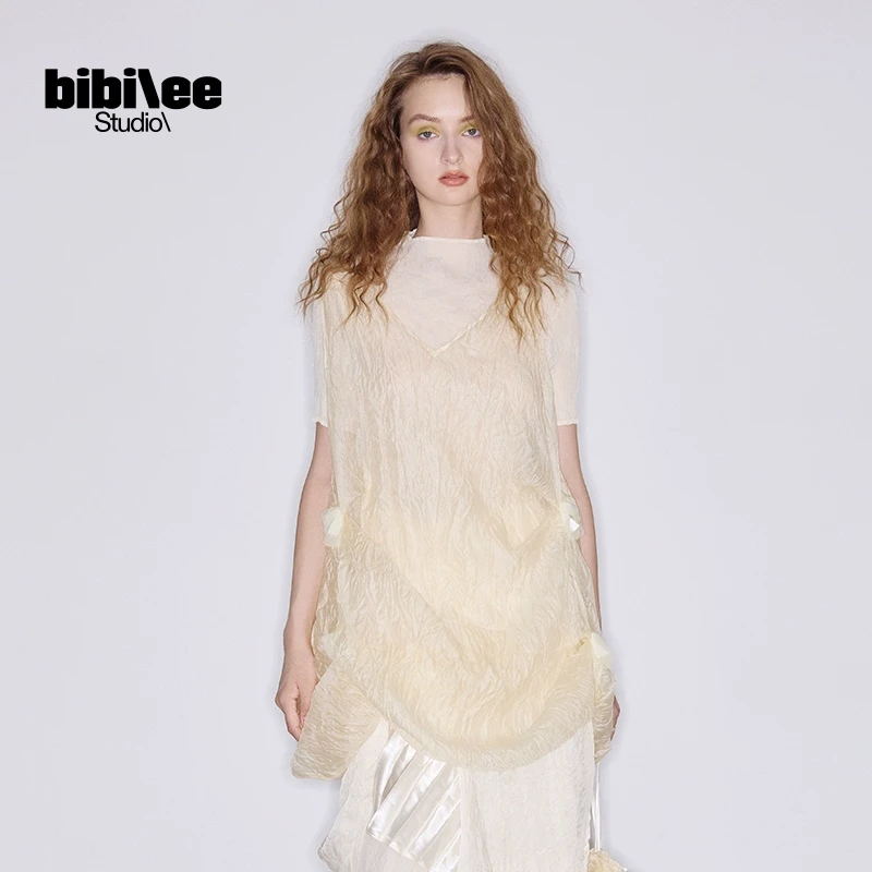 BIBILEE STUDIO25春夏新品蝴蝶装饰假两件花苞小高领连衣裙BBL529