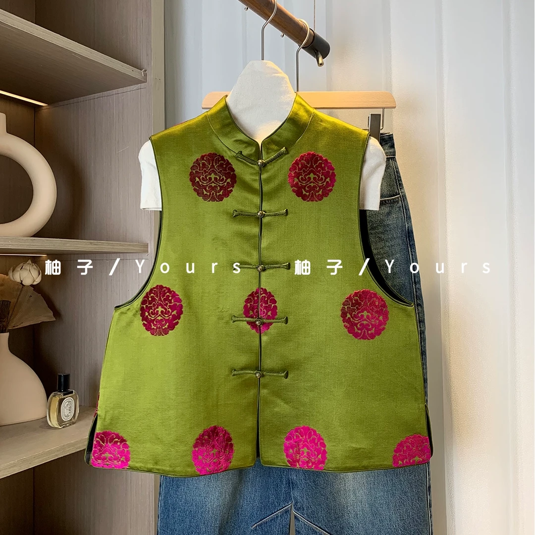 柚子yours【富贵团花】2025新品桑蚕丝漳绒对花剪裁立领款马甲女