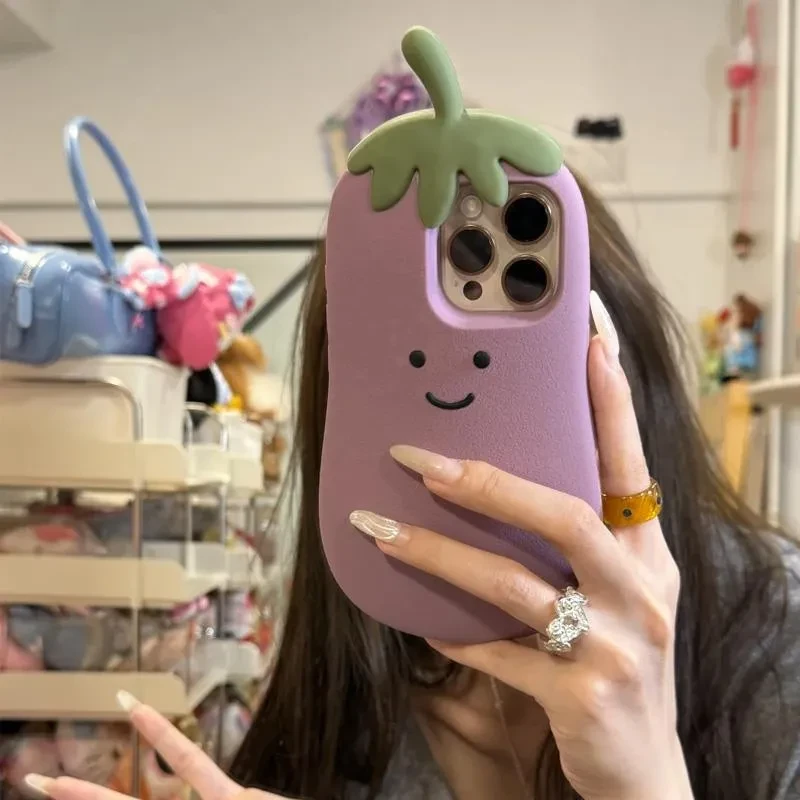 立体卡通茄子表情适用iphone16promax手机保护壳苹果15矽胶14全包