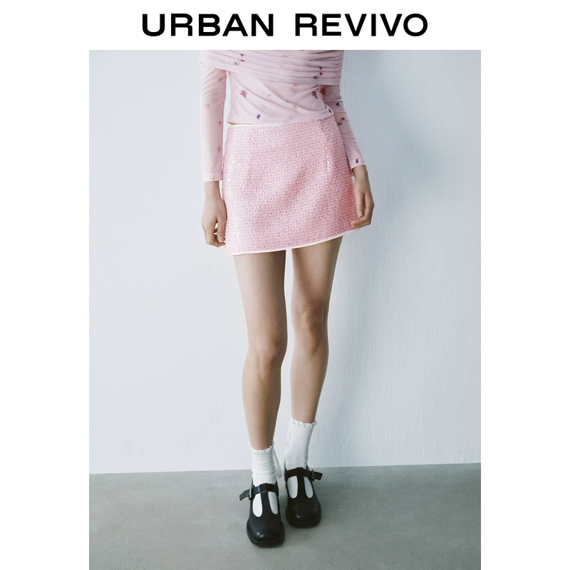 UR2025春季新款女装欧若风时髦魅力亮片装饰高腰半裙UYU550020