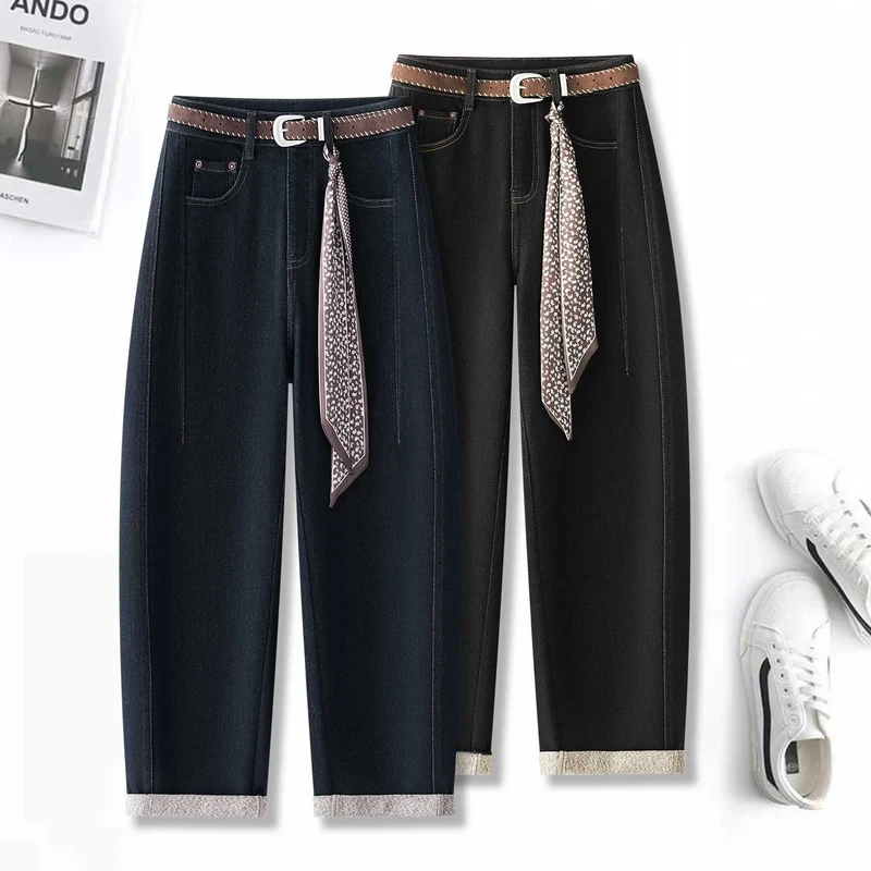 2025秋冬新款加厚磨毛保暖牛仔弯刀裤高腰显瘦水洗气球裤女5898