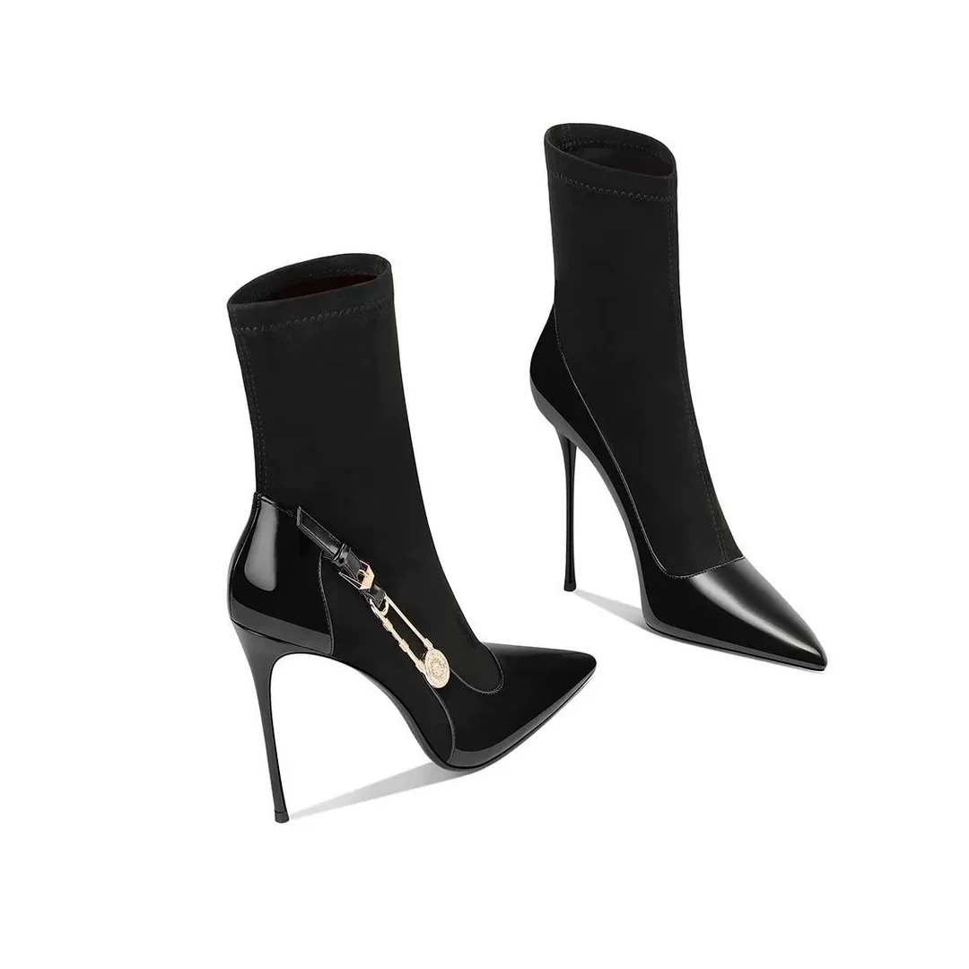 黑色设计感小众高级感气质中筒靴2025秋冬季新款尖头细跟高跟鞋女