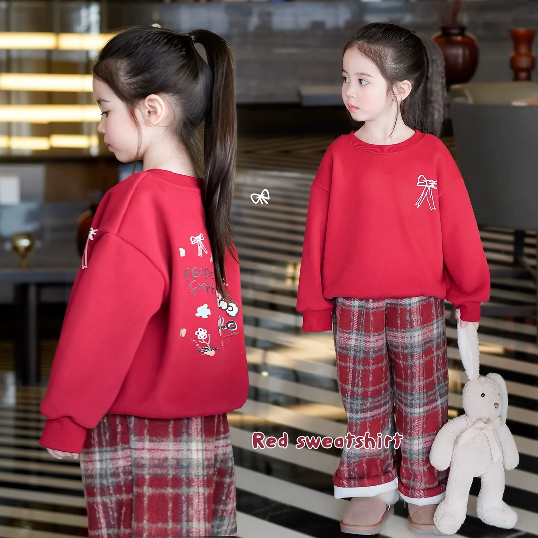 AnnieGirl新年红冬季新款女童圆领休闲加绒保暖印花红色卫衣套装