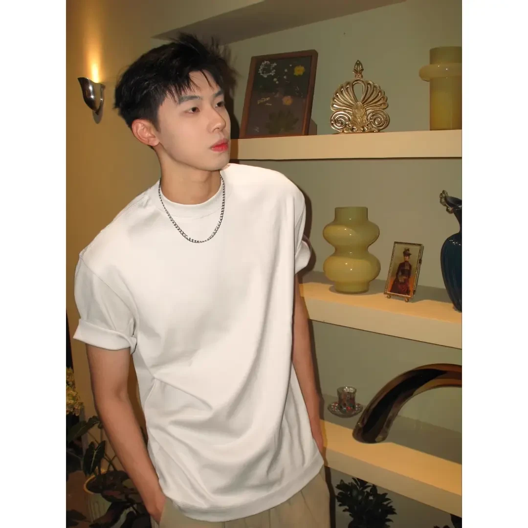 纯白色高克重磅正肩T恤精梳纯棉小领口短袖三本针内搭黑色短袖