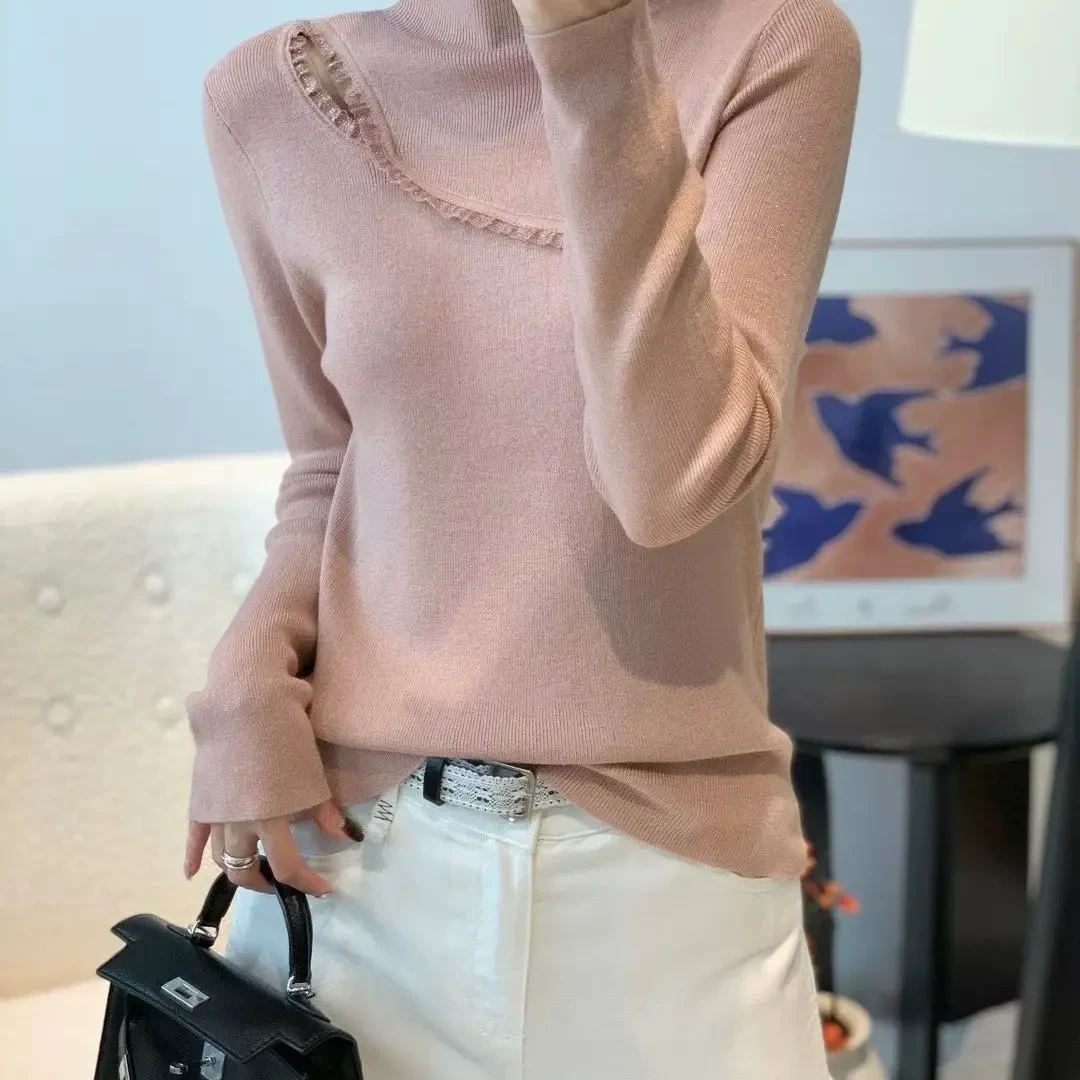 冬季新款半高领长袖针织衫女简约设计感显瘦百搭蕾丝边拼接打底衫