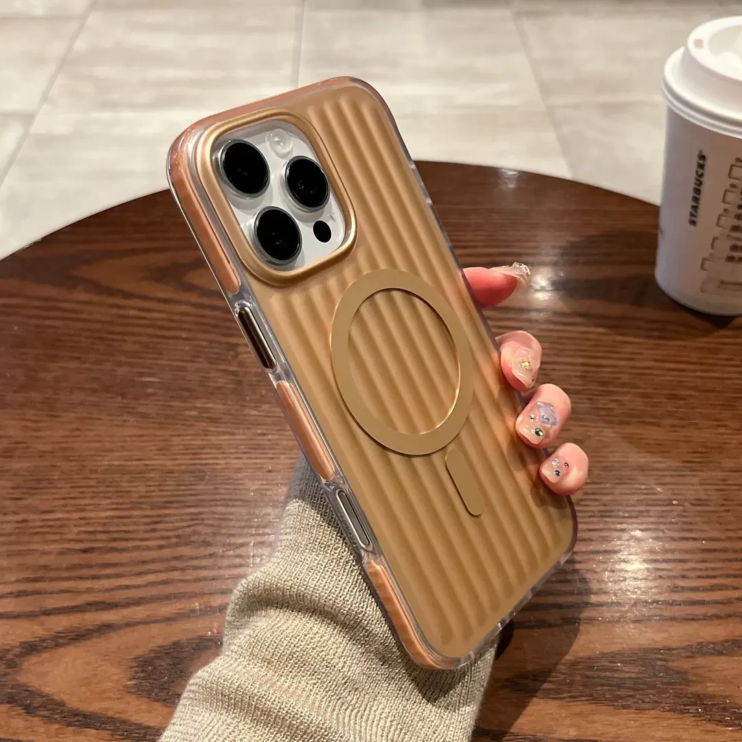 透明瓦楞纹新款适用iPhone16promax手机壳磁吸防摔壳沙漠金高级感