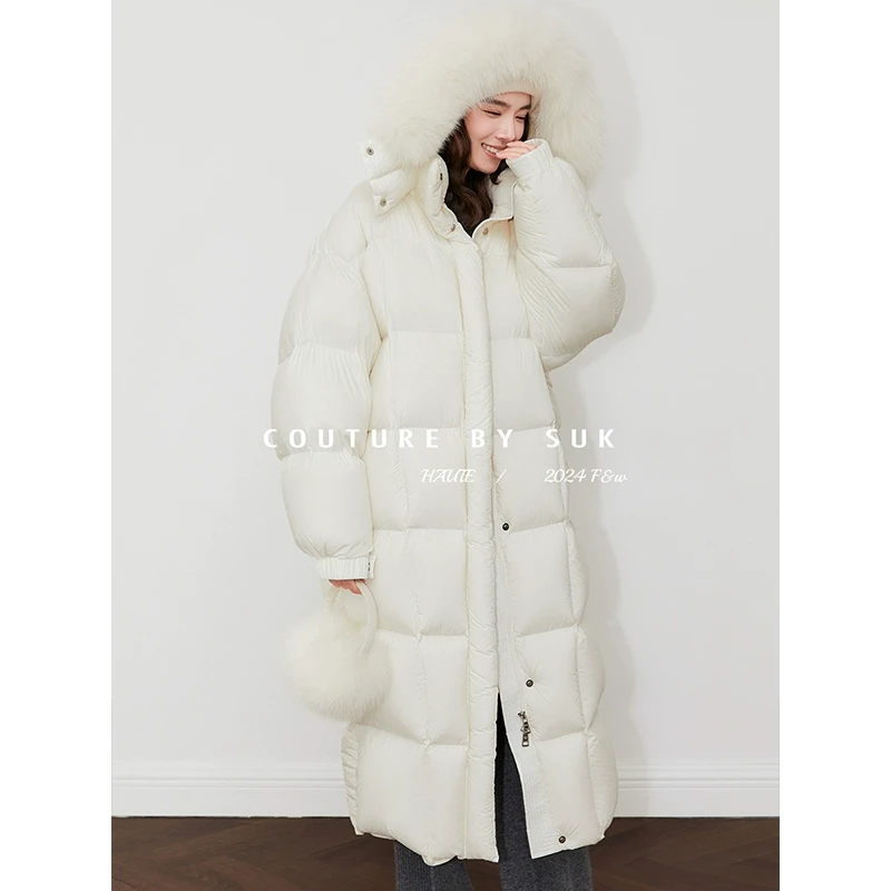 SUK【极光旅途】中长款羽绒服女90白鹅绒大毛领连帽宽松外套SK4701