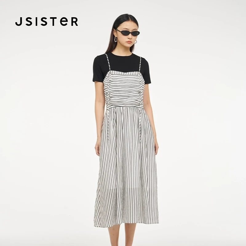 jsister 夏装新款 JS女装时尚条纹吊带裙套装 S425216546