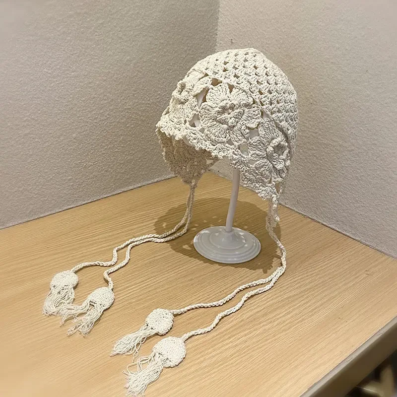 春夏手工钩织花朵流苏套头帽女时髦淑女百搭文艺包头帽潮镂空TJ