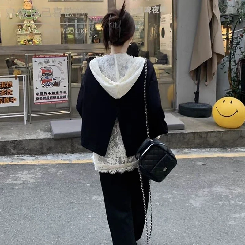 韩系慵懒风蕾丝背心叠穿帽衫开叉卫衣女早春季气质宽松显瘦俩件套