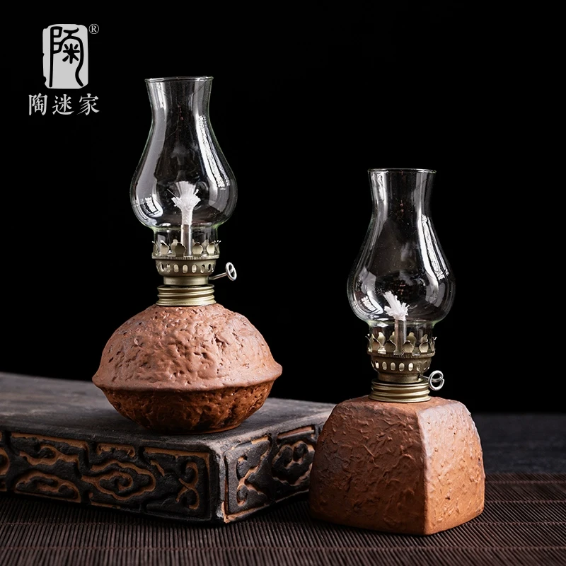 粗陶酥油灯老式复古煤油灯陶瓷玻璃长明灯茶台氛围供佛灯家用烛台