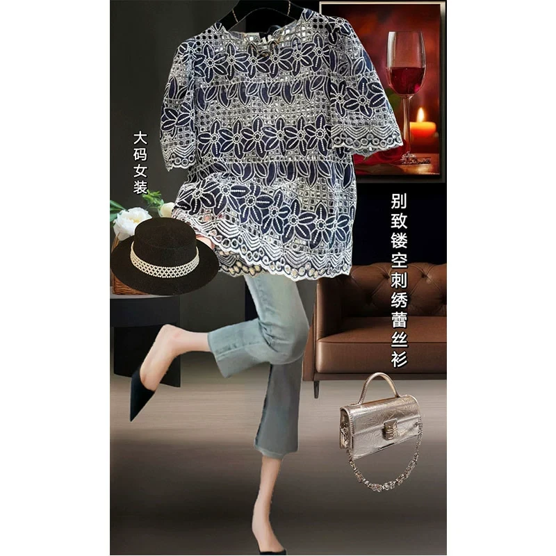 夏季胖妹妹大码宽松刺绣蕾丝镂空短袖圆领衬衫上衣女减龄衬衣百搭