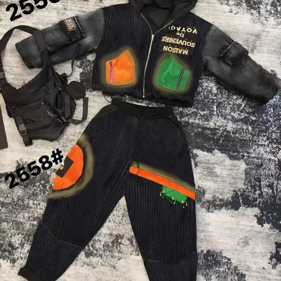 金港湾冬款时尚平绒套装女宽松大码显瘦短外套哈伦裤