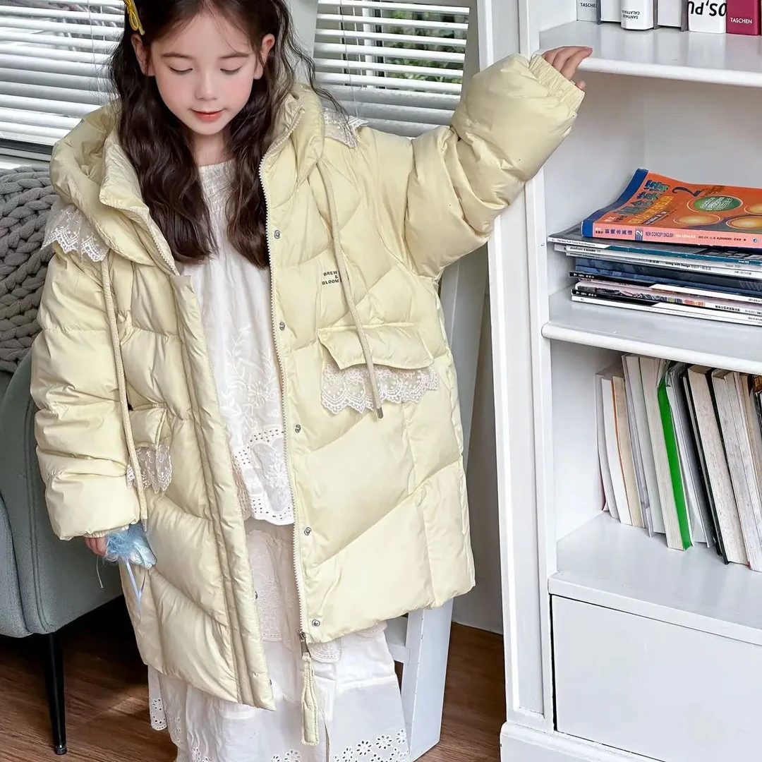 新款女童中长款蕾丝加厚洋气公主连帽羽绒服