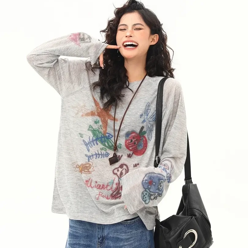 【赠运费险】美式复古涂鸦印花T恤长袖防晒罩衫女夏季新款宽松上衣