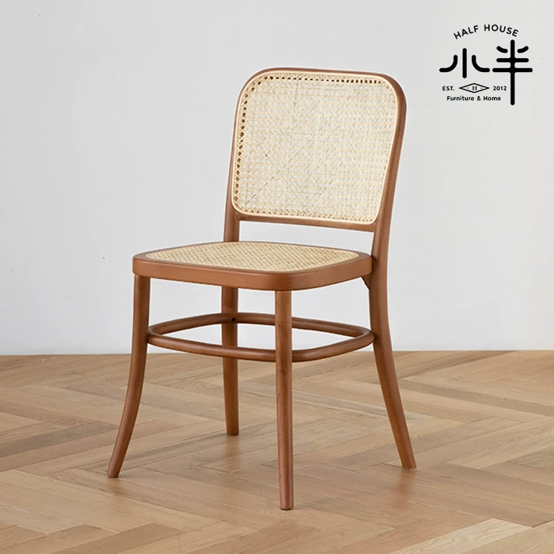 小半家具 811号椅复古全实木家用中古北欧藤编靠背餐椅原木书桌椅
