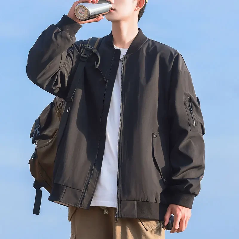 夹克外套男士秋冬季新款宽松棒球服纯色春秋男装百搭休闲棒球服男