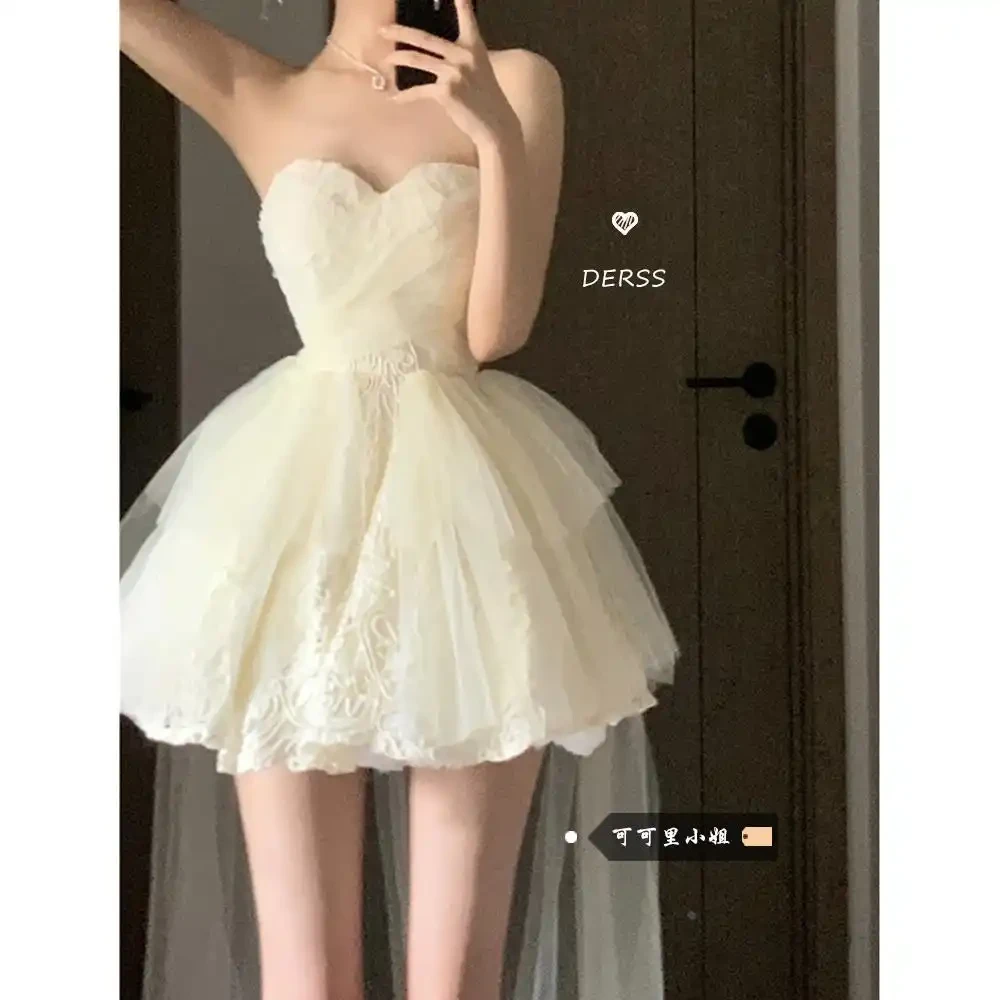 公主风礼服连衣裙女夏季2025新款收腰显瘦露背网纱拼接抹胸蓬蓬裙