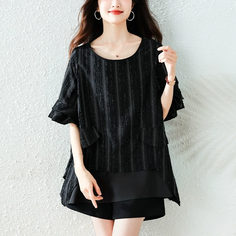 条纹黑色雪纺衫女2025夏季宽松型显瘦时尚大码设计感短袖圆领上衣