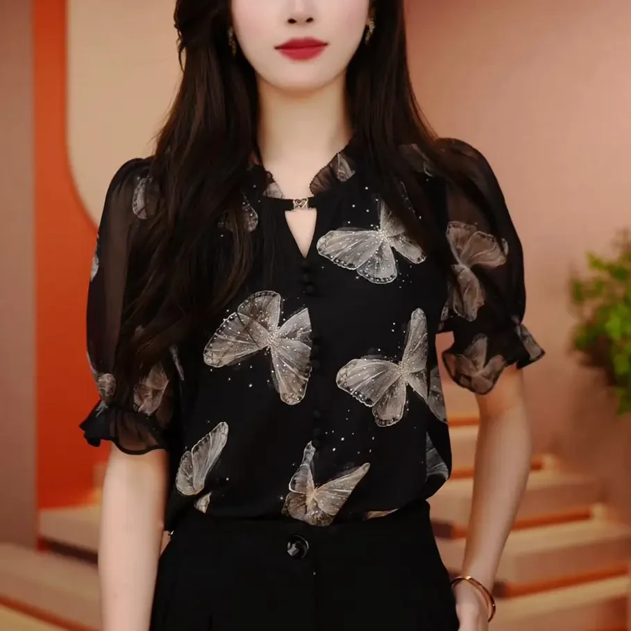 2025夏季新款琉璃双绉丝设计时尚印花洋气显瘦短袖上衣女