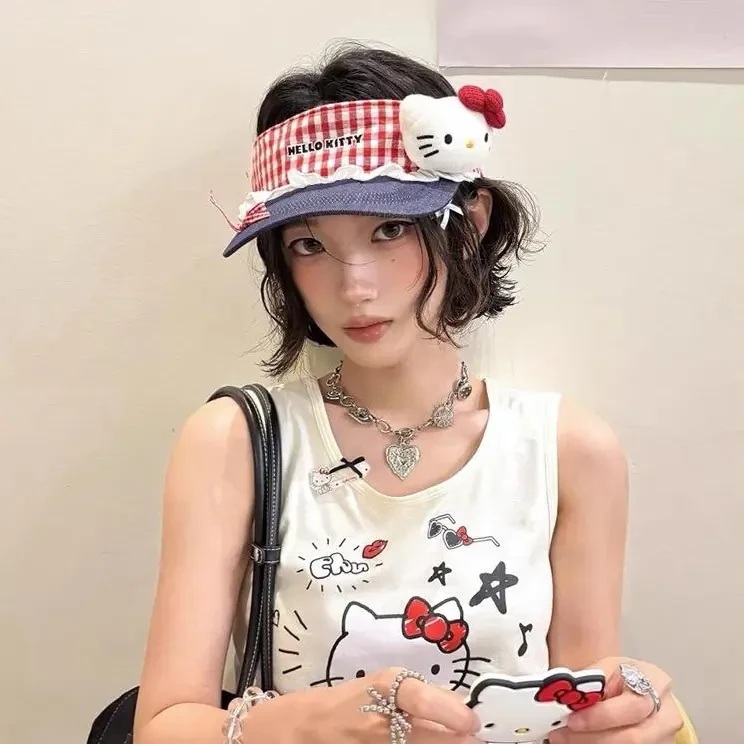 【重生】可爱kt猫蕾丝蝴蝶结空顶帽女夏季户外显脸小太阳遮阳饰品
