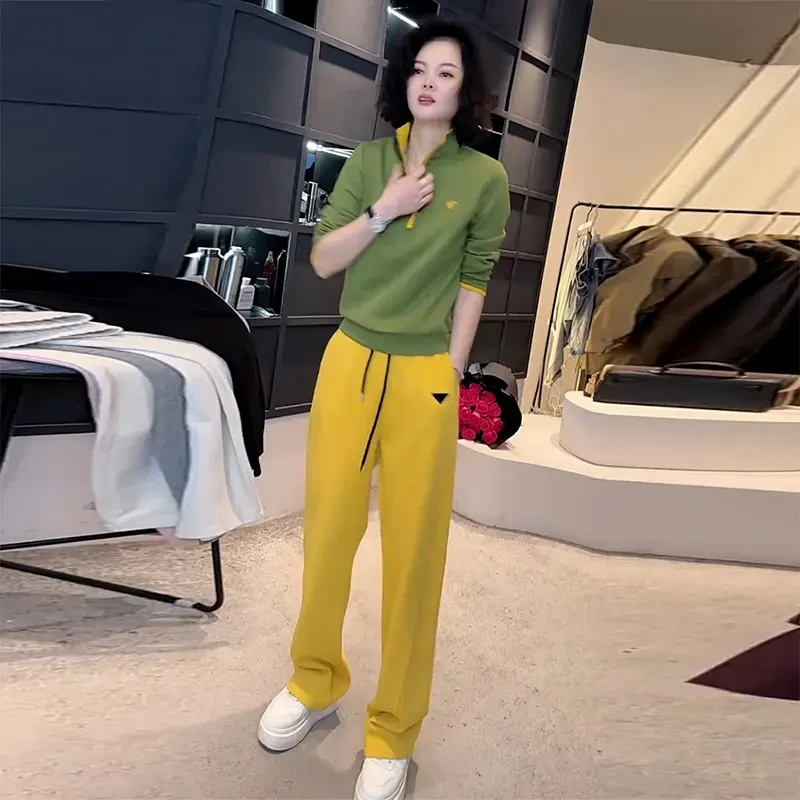 休闲运动套装女2025春季新款洋气显瘦立领半拉链上衣阔腿裤两件套
