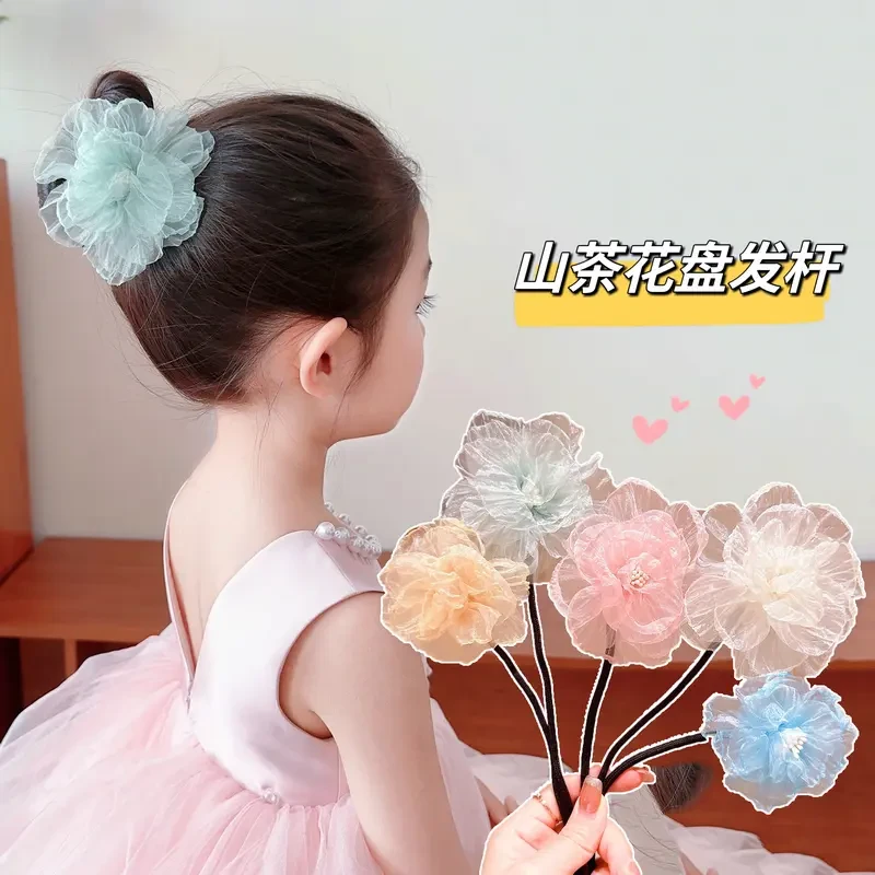 儿童花朵盘发杆丸子头神器小女孩山茶花头饰夏季新款女童发饰E906