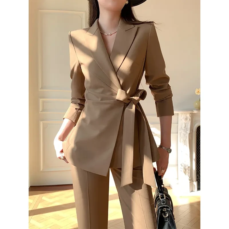 卡其色羊毛西装套装女2025新款时尚气质修身通勤绑带休闲职业西服