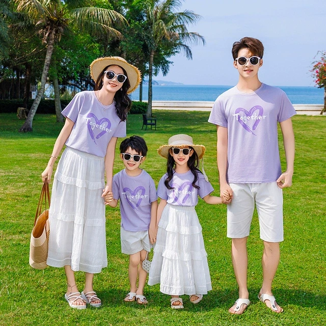 休闲度假亲子装夏装一家三口四口母女装两件套裙姐弟装父子套装