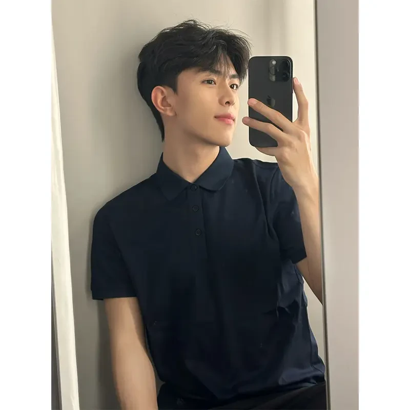 藏青色重磅衬衫领polo衫短袖男夏季轻熟风正肩T恤冰爽凉感POLO衫