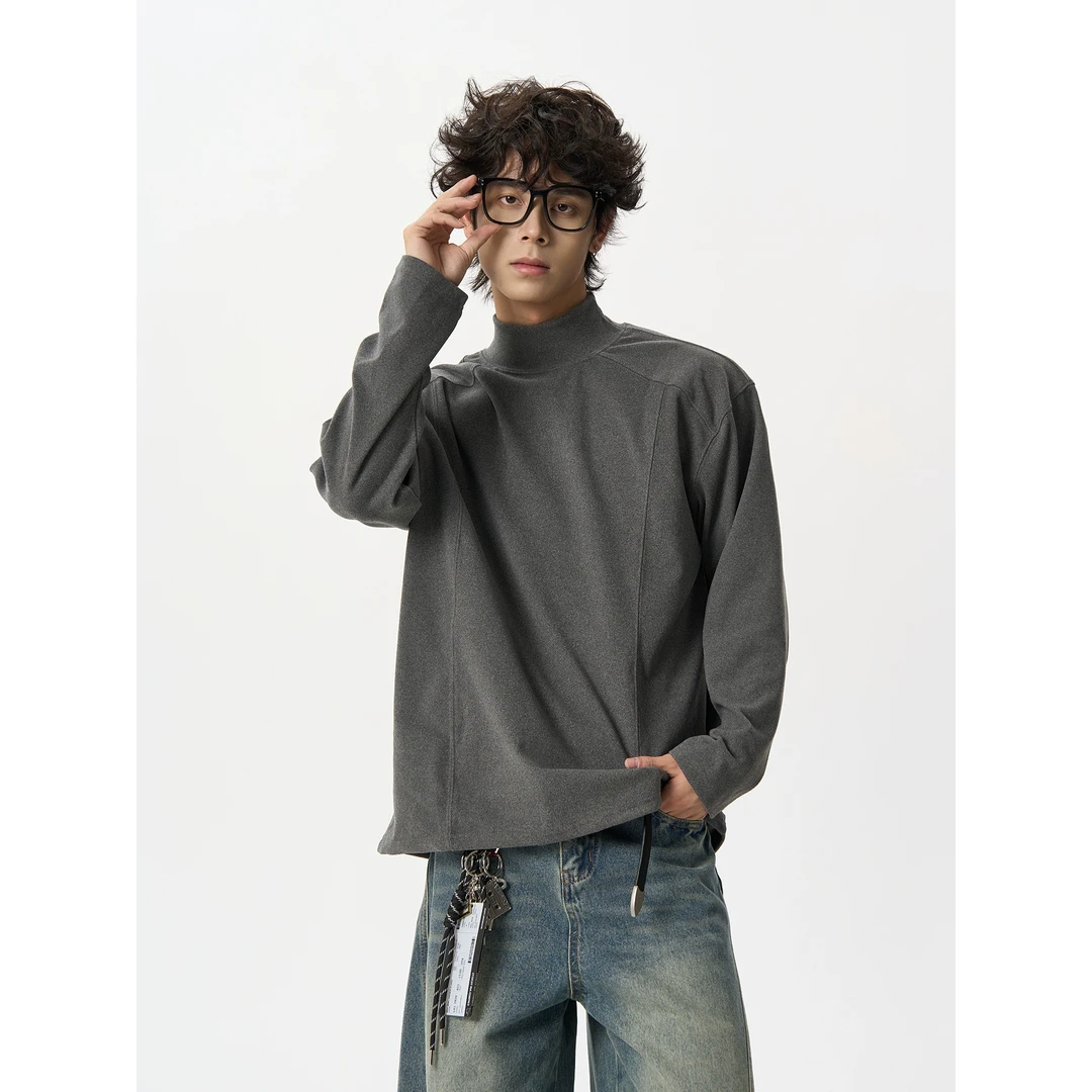 MASONSOUL原创半高领水泥灰解构分割设计感打底双面绒长袖内搭T恤
