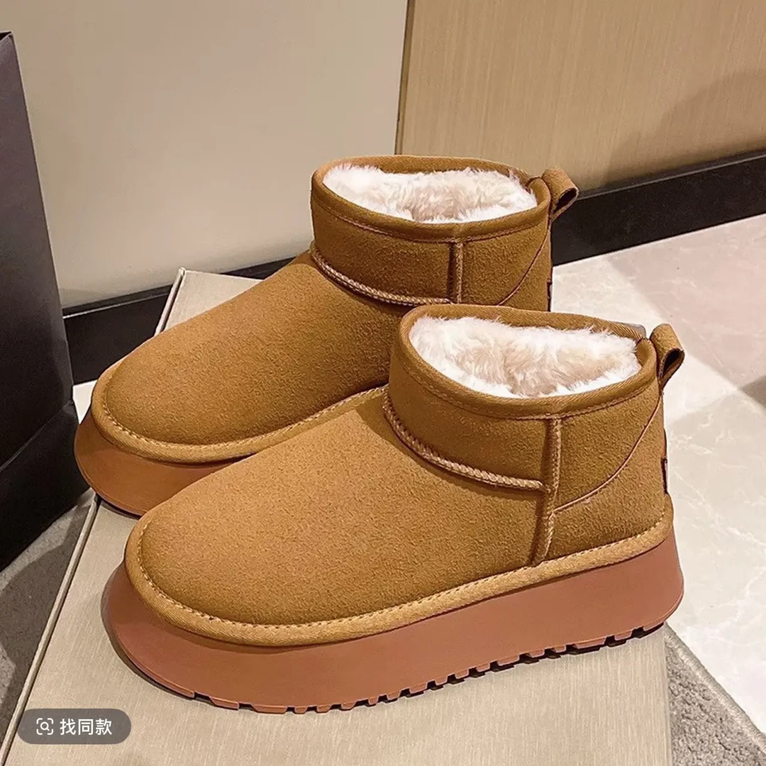 时尚女款皮面毛毛加厚中高帮雪地靴冬季加绒保暖防滑棉鞋