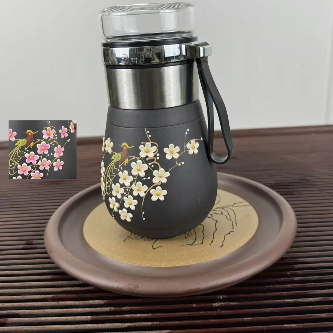 宜兴紫砂原矿石黄，纯手工手绘喜上眉梢。车载杯，便携杯