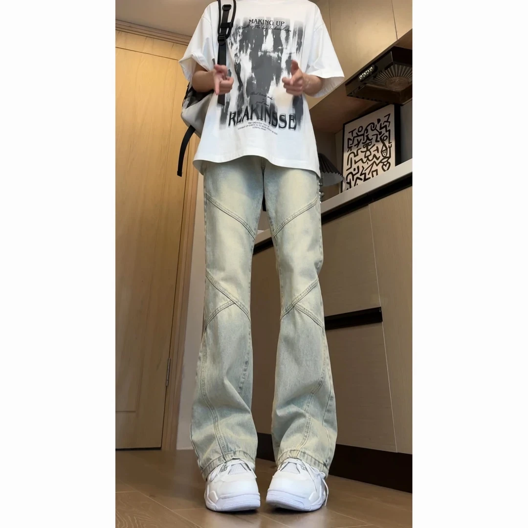 美式复古ins水洗牛仔裤男2024冬季新款痞帅设计感修身微喇长裤子