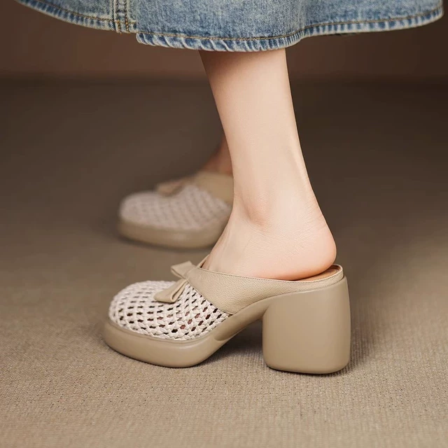 8cm！小个子镂空厚底高跟包头半拖鞋女夏外穿真皮蝴蝶结粗跟凉拖