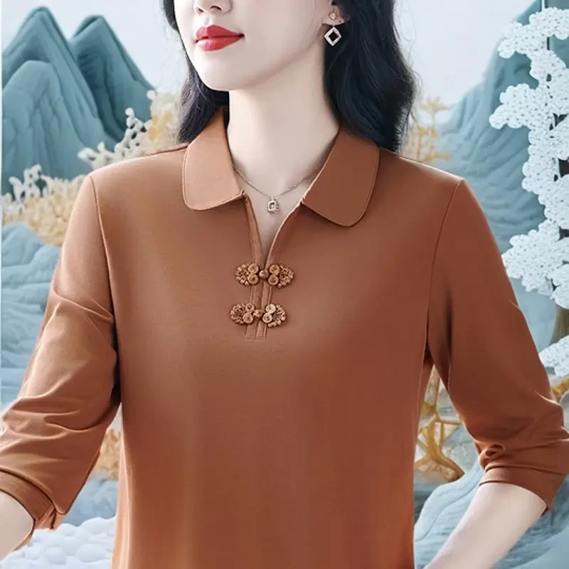 国潮真好看妈妈长袖t恤女翻领民族风棕色的上衣减龄运动polo衫T恤