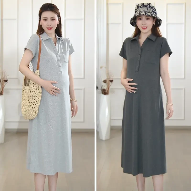 孕妇装夏装2025新款爆款洋气纯色POLO孕妇连衣裙