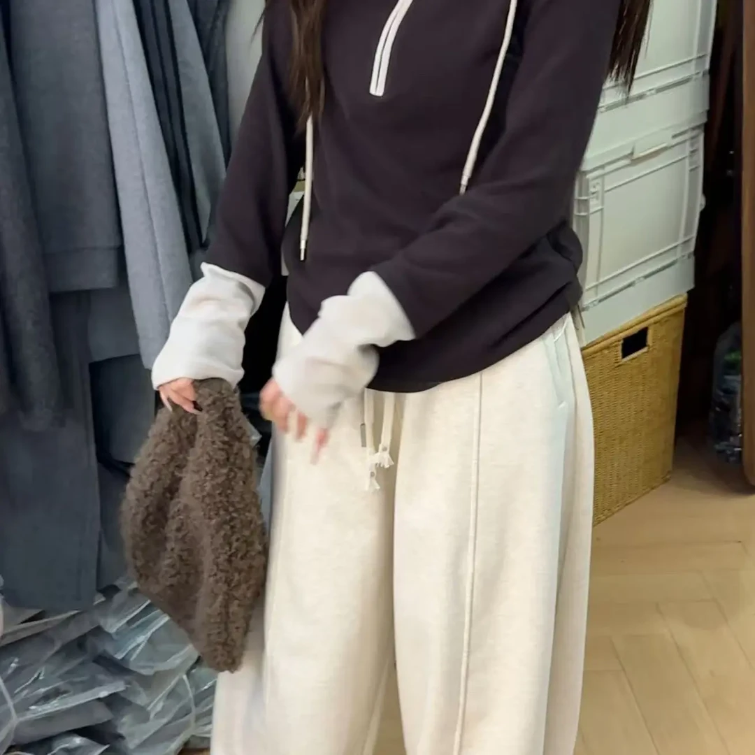 28367欧货设计感半拉链飘带连帽休闲加绒加厚卫衣绒衫8566衣长66