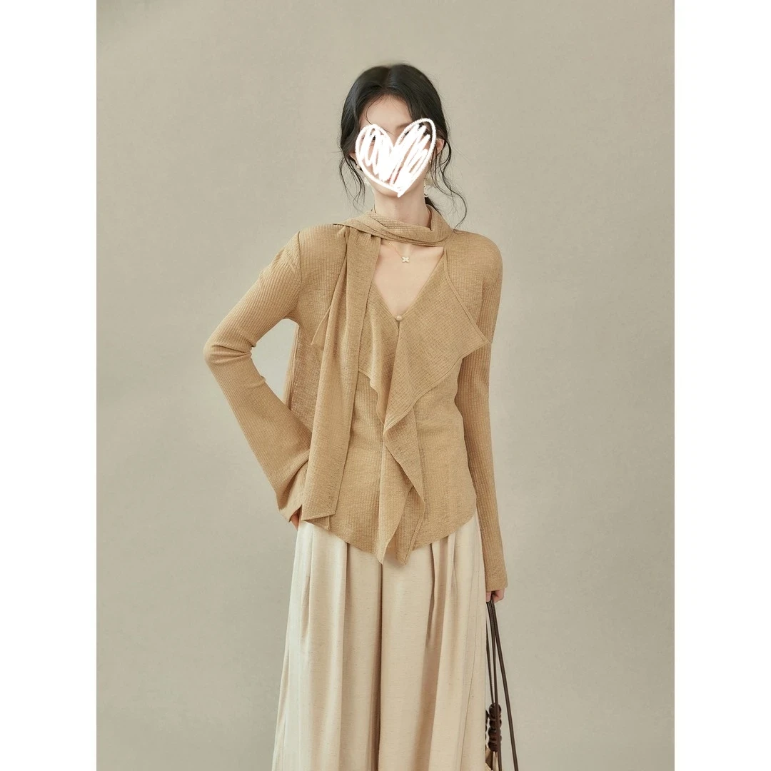 【升级版飘带可取】设计感飘带V领T恤女巨好看秋季新款长袖上衣