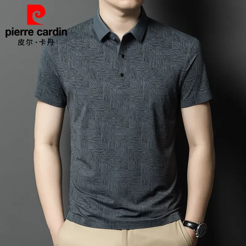皮尔卡丹桑蚕丝短袖T恤男夏季新款冰丝翻领印花薄款休闲polo衫男