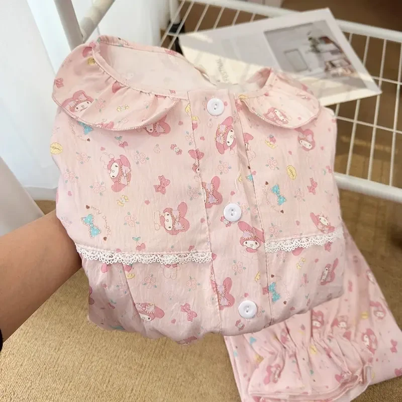 日系软萌美乐蒂带胸垫睡衣女春秋季云朵棉甜美花边少女长袖家居服