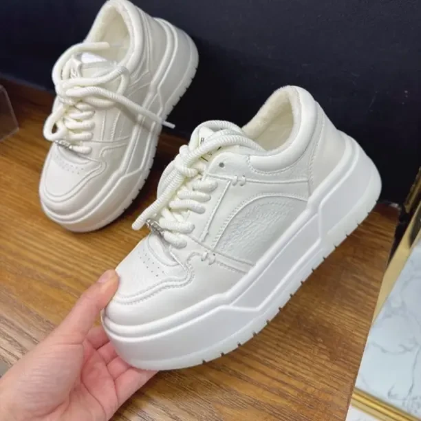 冬季加绒新款厚底增高拼色低帮系带休闲板鞋时尚百搭小白鞋