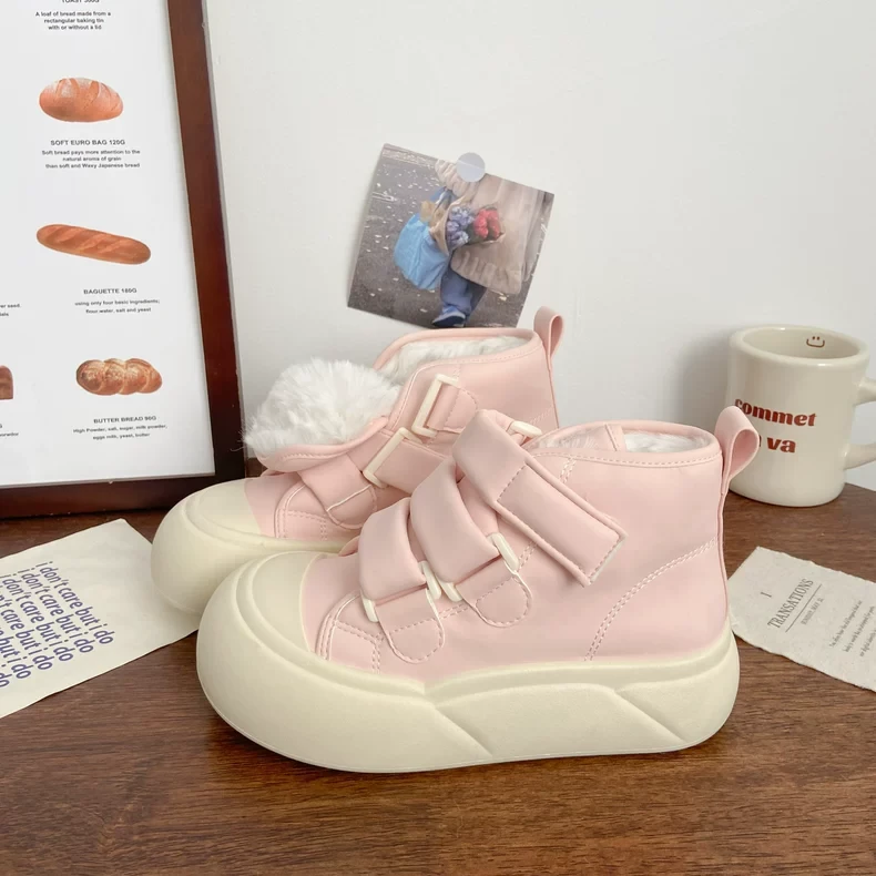 粉色加绒高帮板鞋女丑萌冬季新款chic小众韩版棉鞋大头保暖面包鞋