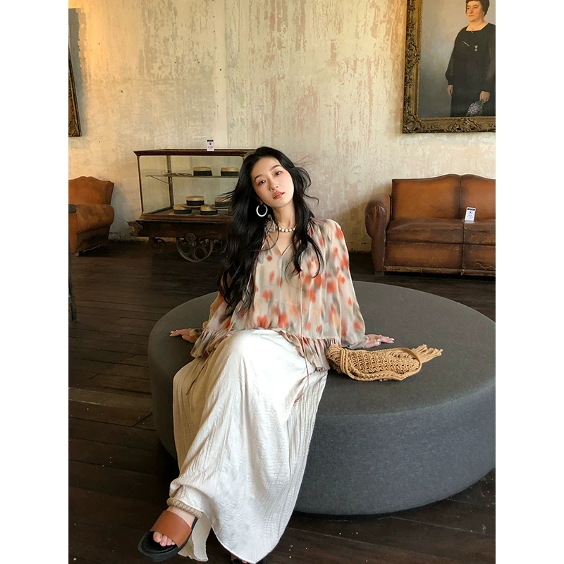 【任小艺 4/27新品】乔其纱晕染印花荷叶边拼接雪纺衬衫防晒衫