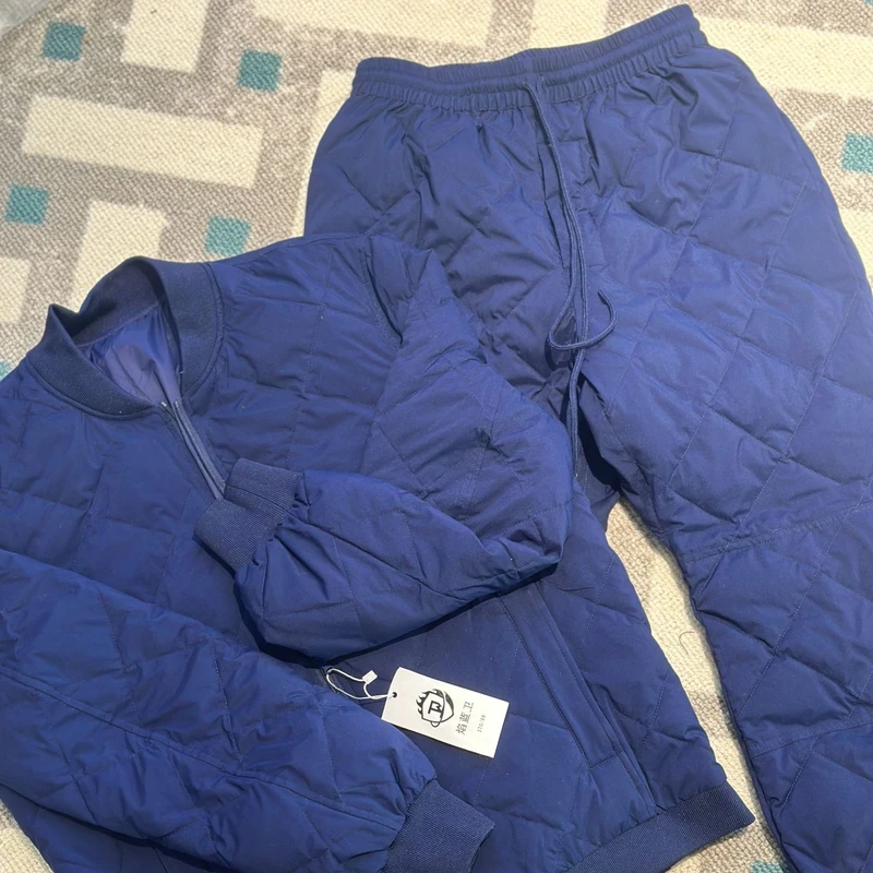 消防火焰蓝羽绒服套装冬季轻薄保暖防寒长袖长裤两件套巡逻执勤