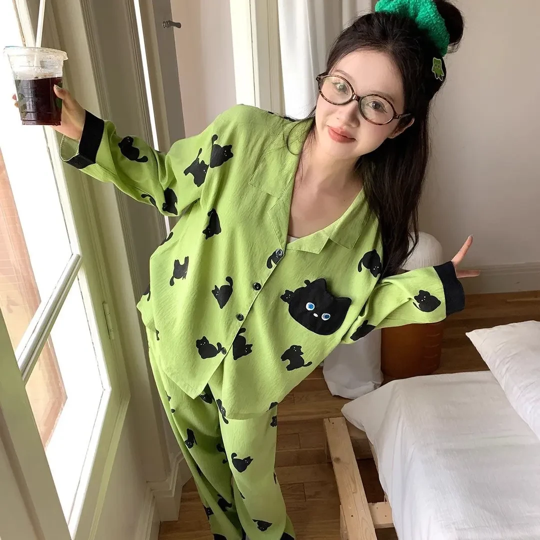 韩版可爱小黑猫长袖睡衣女秋季2025新款休闲可外穿薄款家居服套装